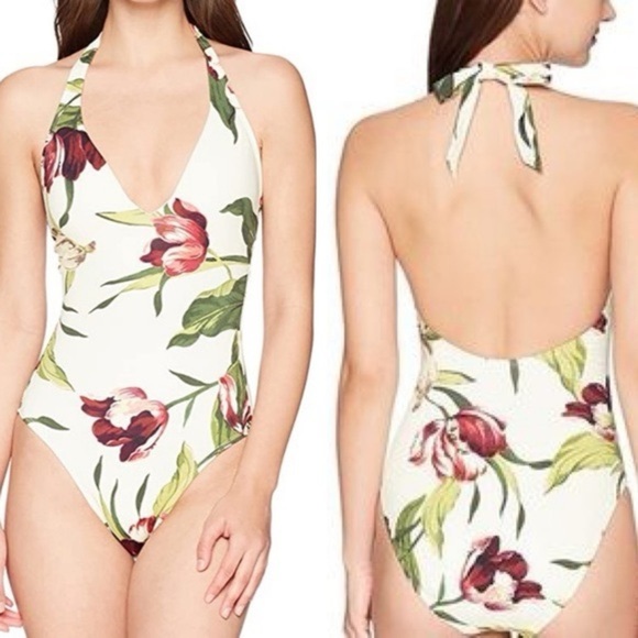 ROBIN PICCONE Moana Floral Plunge One Piece Halter Swimsuit - Picture 3 of 11
